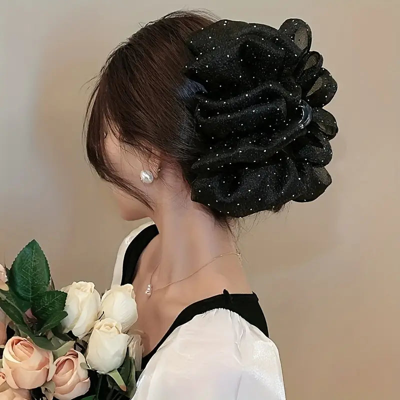 Mesh Bow Bubble Hair Claw Clip With Rhinestones