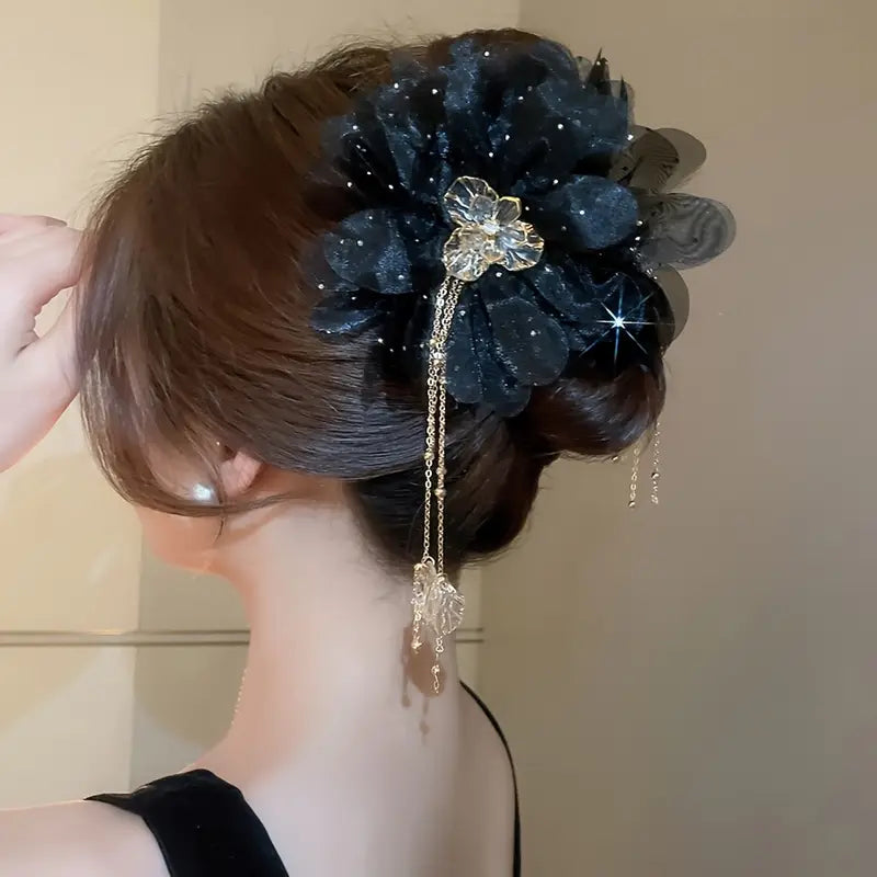 Mesh Tassel Flower Fabric Hair Claw