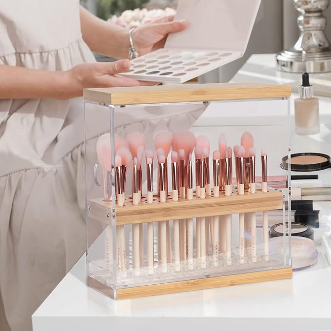 Makeup Brush Holder Organizer with Cover & Wooden Drawer