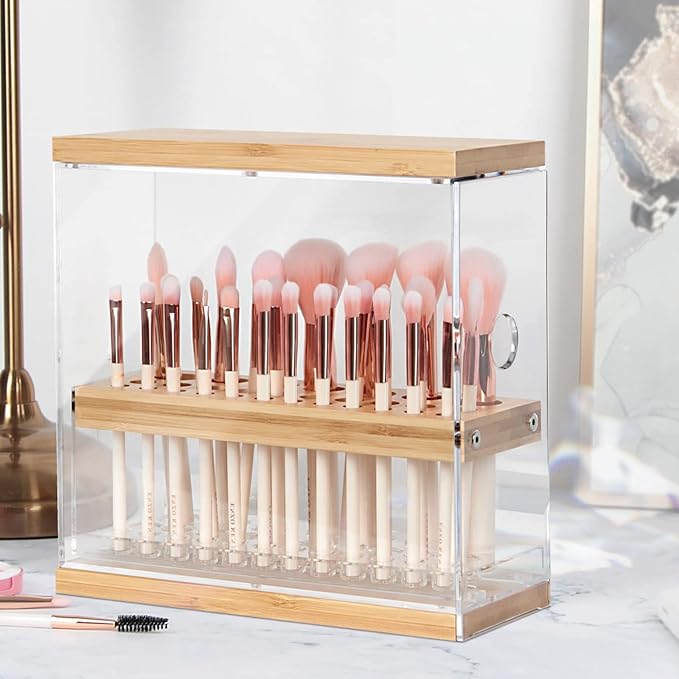 Makeup Brush Holder Organizer with Cover & Wooden Drawer