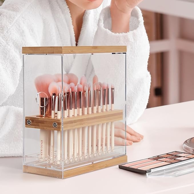 Makeup Brush Holder Organizer with Cover & Wooden Drawer