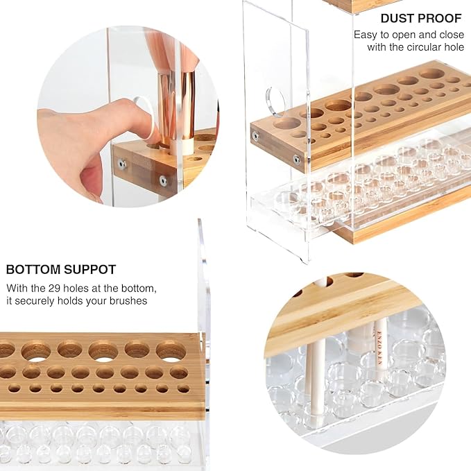 Makeup Brush Holder Organizer with Cover & Wooden Drawer