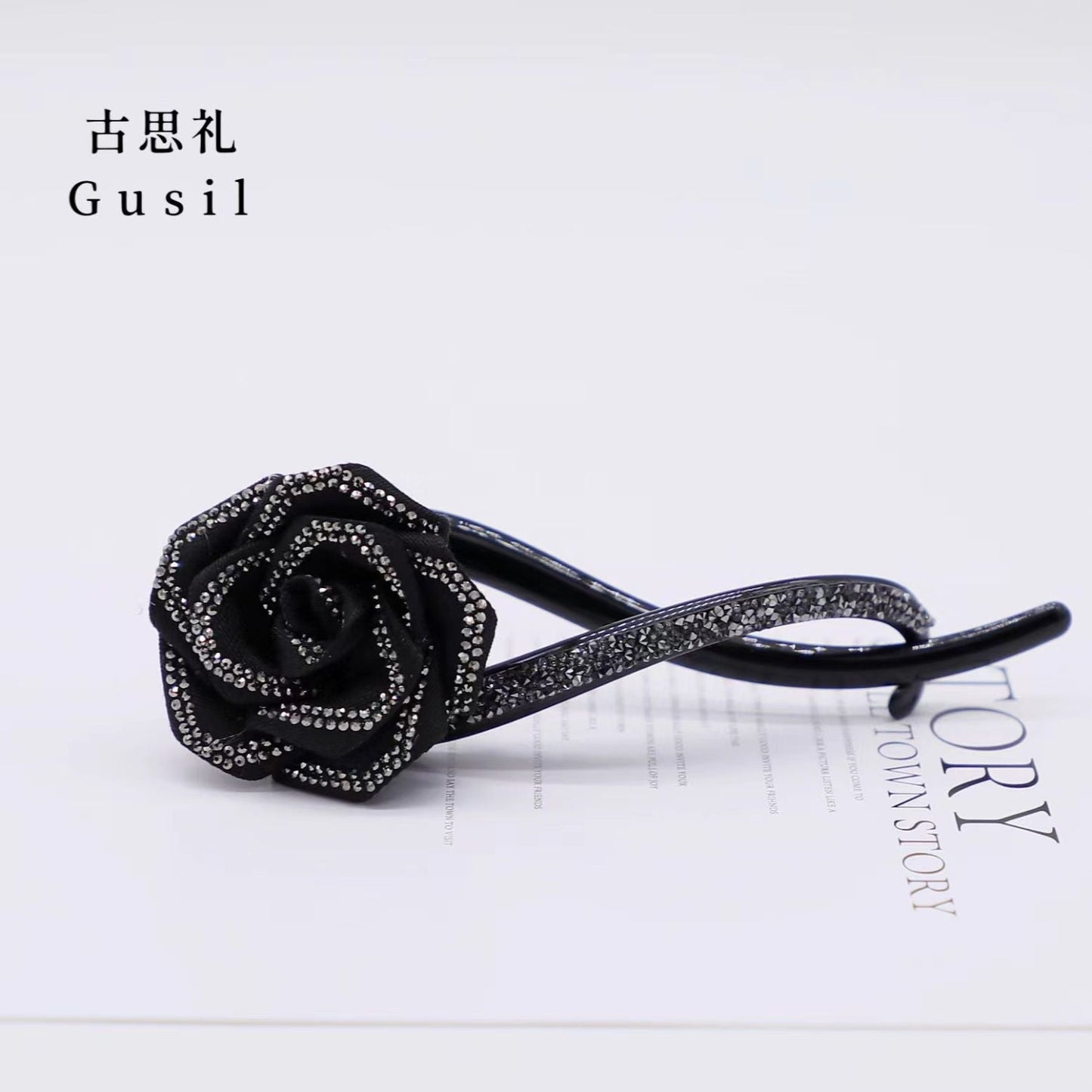 Black Rose with Sparkling Diamonds Twist Clip