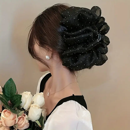 Mesh Bow Bubble Hair Claw Clip With Rhinestones