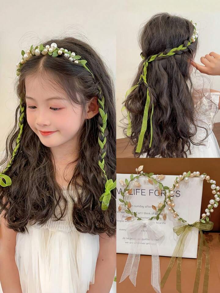 Girls Pearl Flower Headband with Ribbon