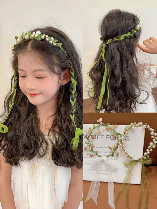 Girls Pearl Flower Headband with Ribbon