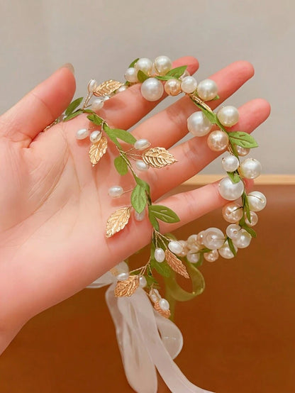 Girls Pearl Flower Headband with Ribbon