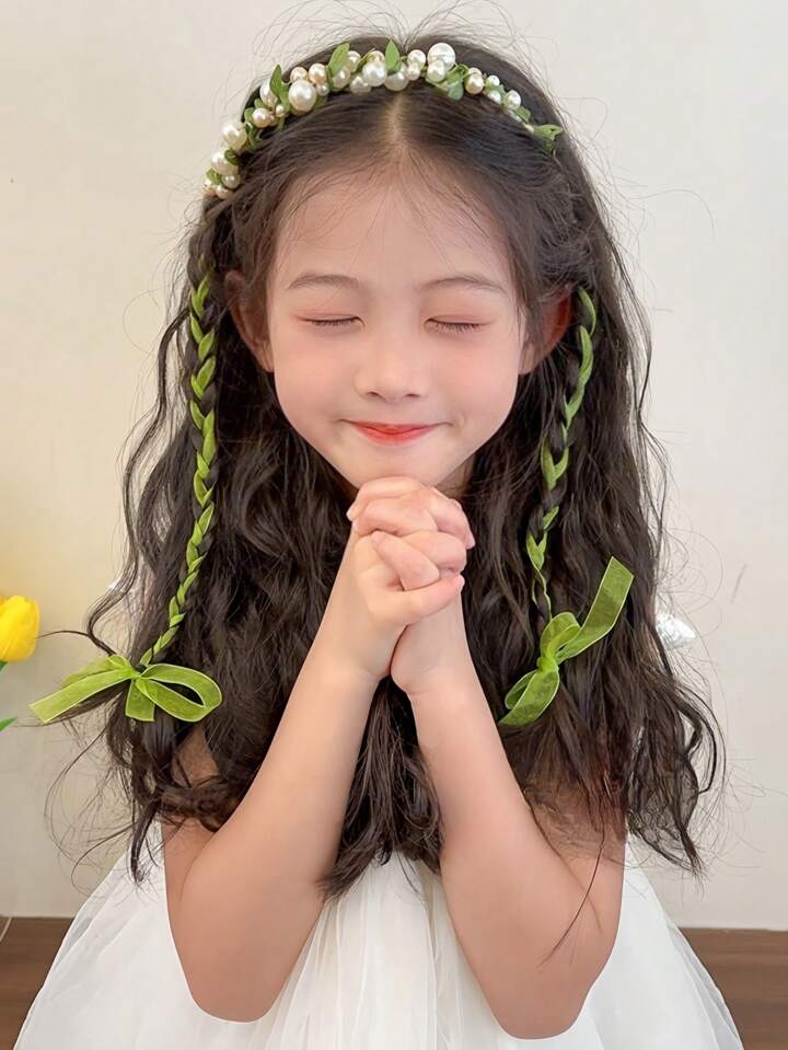 Girls Pearl Flower Headband with Ribbon