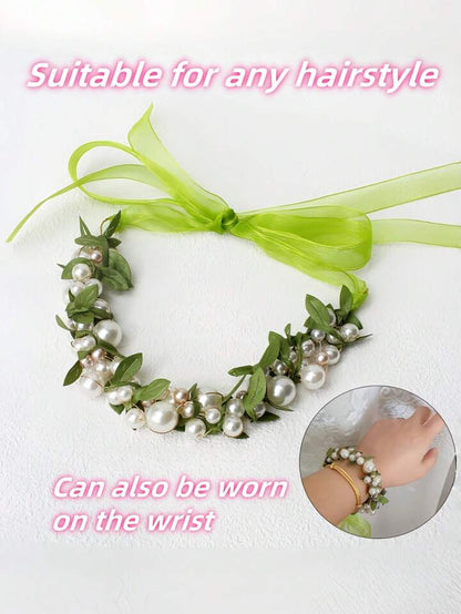 Girls Pearl Flower Headband with Ribbon