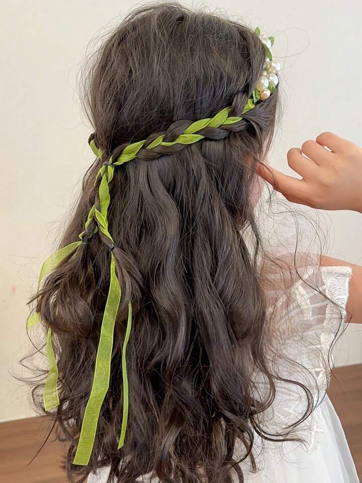 Girls Pearl Flower Headband with Ribbon