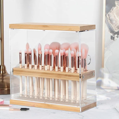 Makeup Brush Holder Organizer with Cover & Wooden Drawer