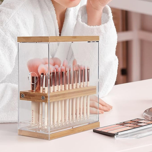 Makeup Brush Holder Organizer with Cover & Wooden Drawer
