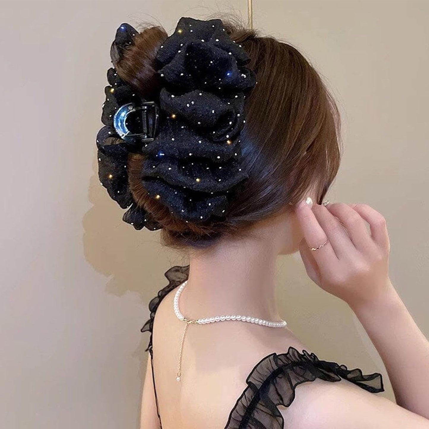 Mesh Bow Bubble Hair Claw Clip With Rhinestones