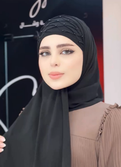 Ready-Made Belted Hijab Stole With Plated Pearls