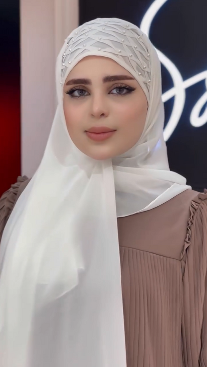 Ready-Made Belted Hijab Stole With Plated Pearls