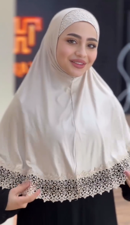 Lace Trim Scarf With Embroidered Hijab Cap
