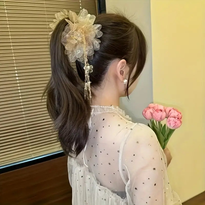 Mesh Tassel Flower Fabric Hair Claw