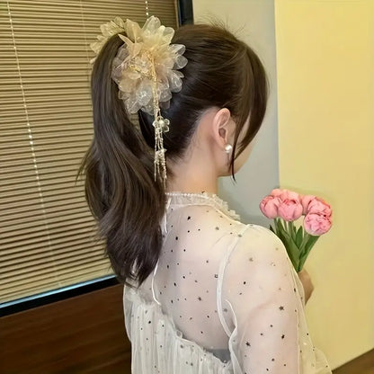 Mesh Tassel Flower Fabric Hair Claw
