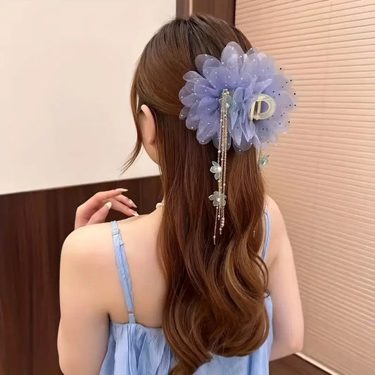 Mesh Tassel Flower Fabric Hair Claw