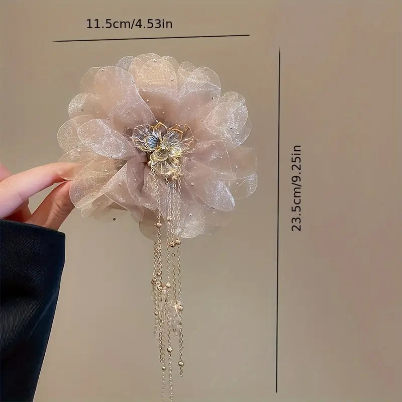 Mesh Tassel Flower Fabric Hair Claw