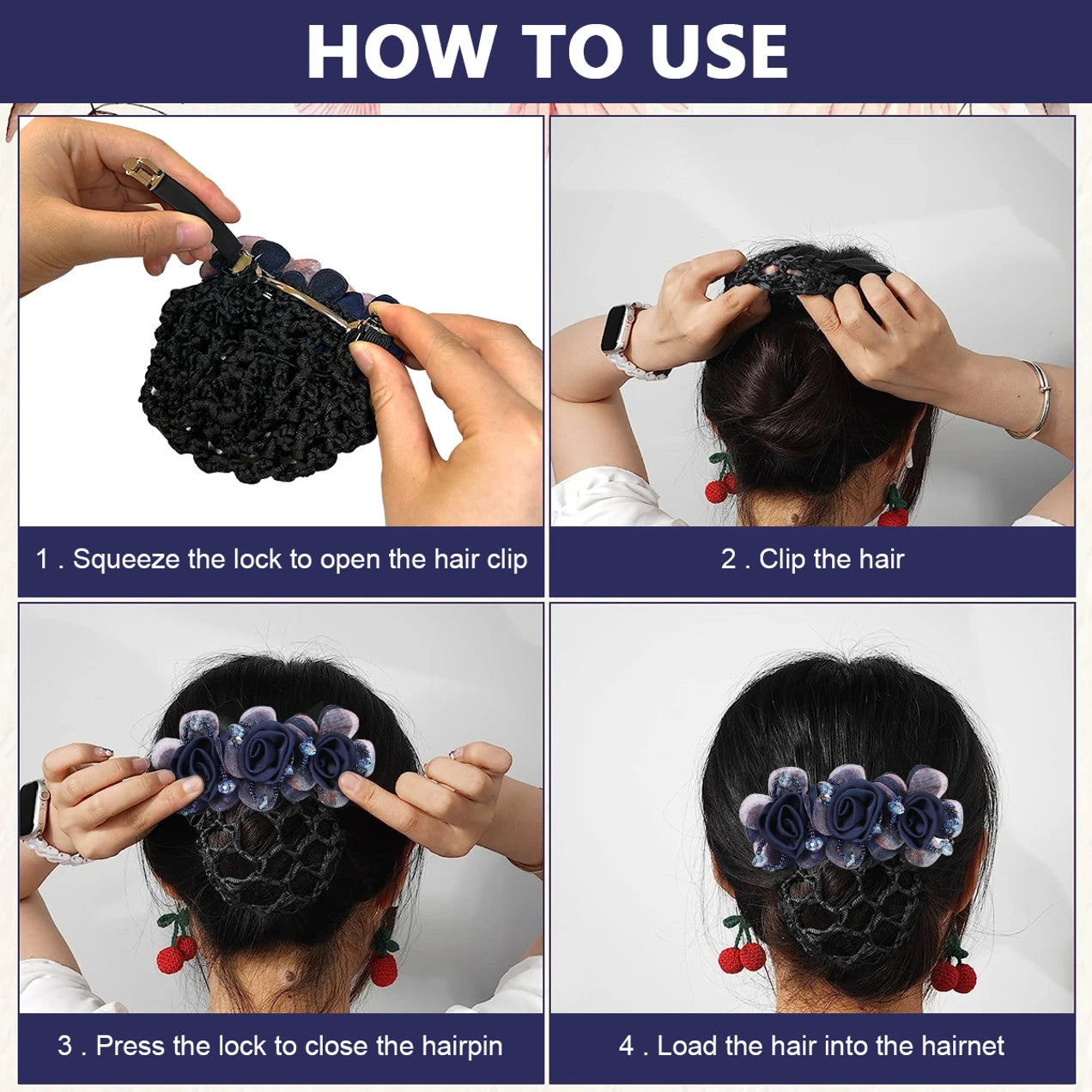 Rose Flower Hair Bun Net With Clip